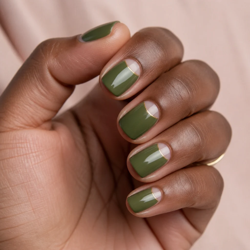 Short squoval nails with a solid olive green body and a negative-space half-moon at the cuticle outlined in a crisp gold arc, editorial macro on blush
