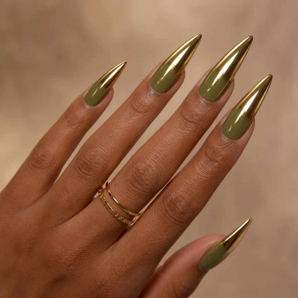 Long stiletto nails in solid olive green melting into a gold chrome ombre toward the pointed tips, dramatic close macro on warm taupe background