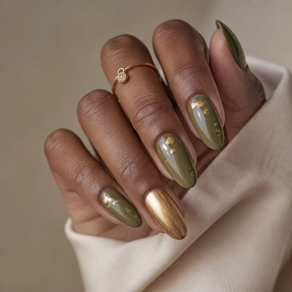 Manicured hand with olive green nails accented by fine gold foil and a single chrome accent nail on a warm taupe background