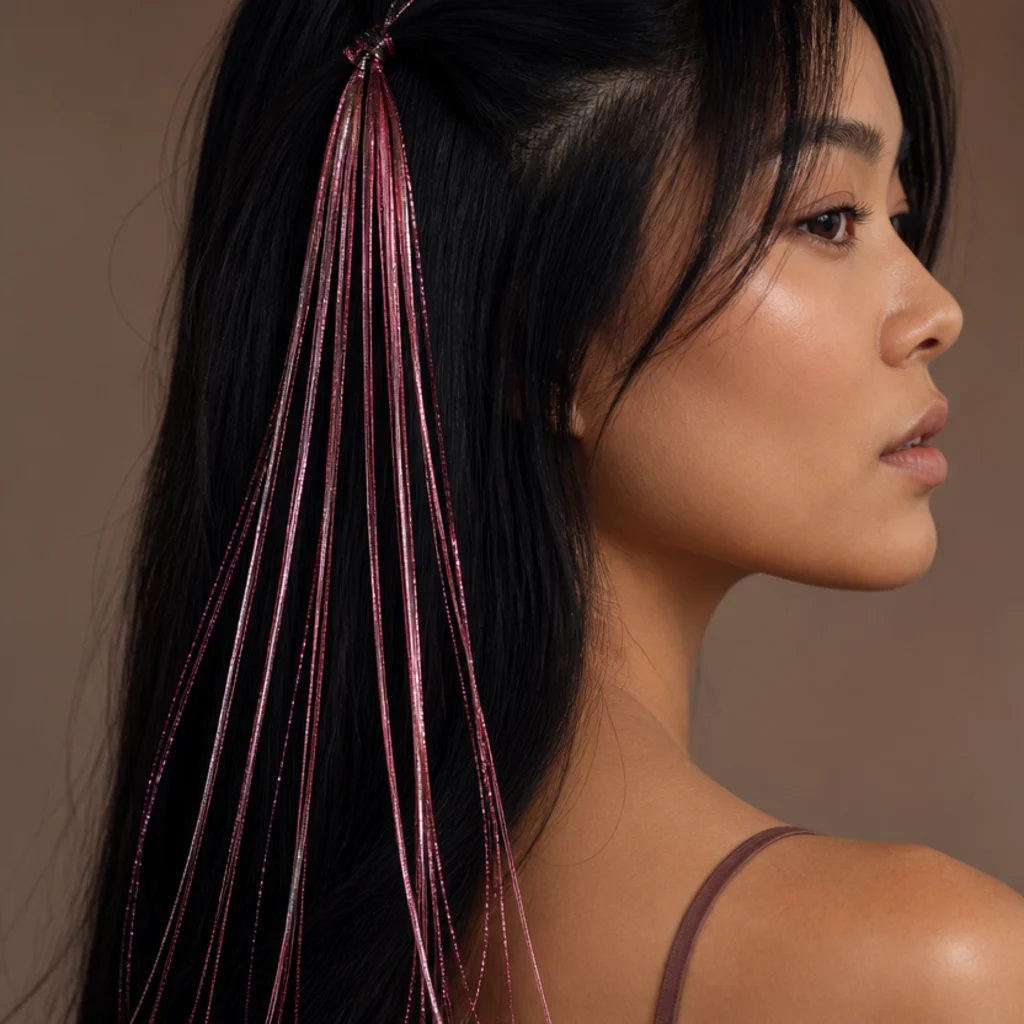 Close-up of jet-black straight hair with a dozen candy-pink tinsel strands tied in near the crown, side angle
