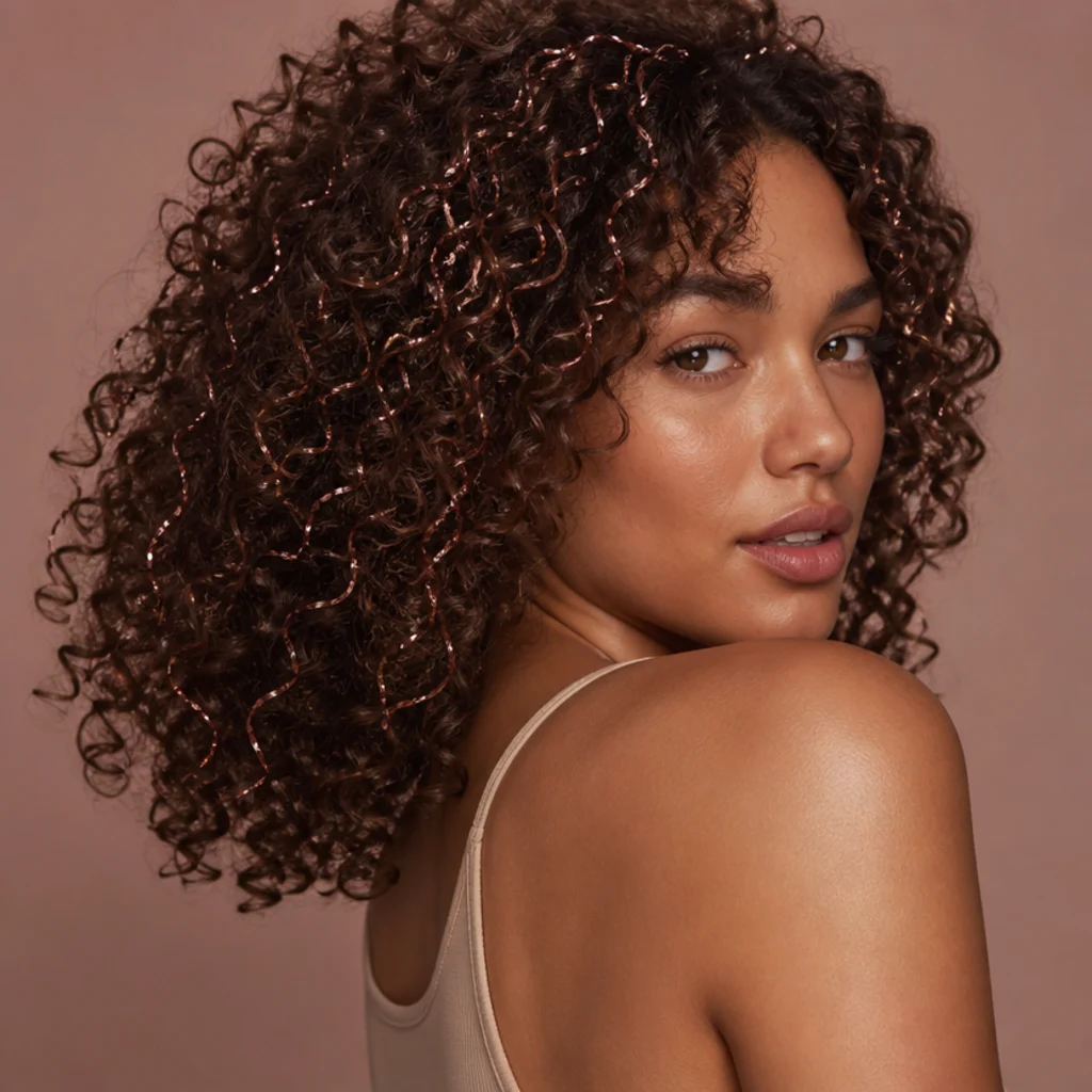 Model with voluminous rose-gold tinsel woven through defined brown curls, three-quarter back view in soft studio light