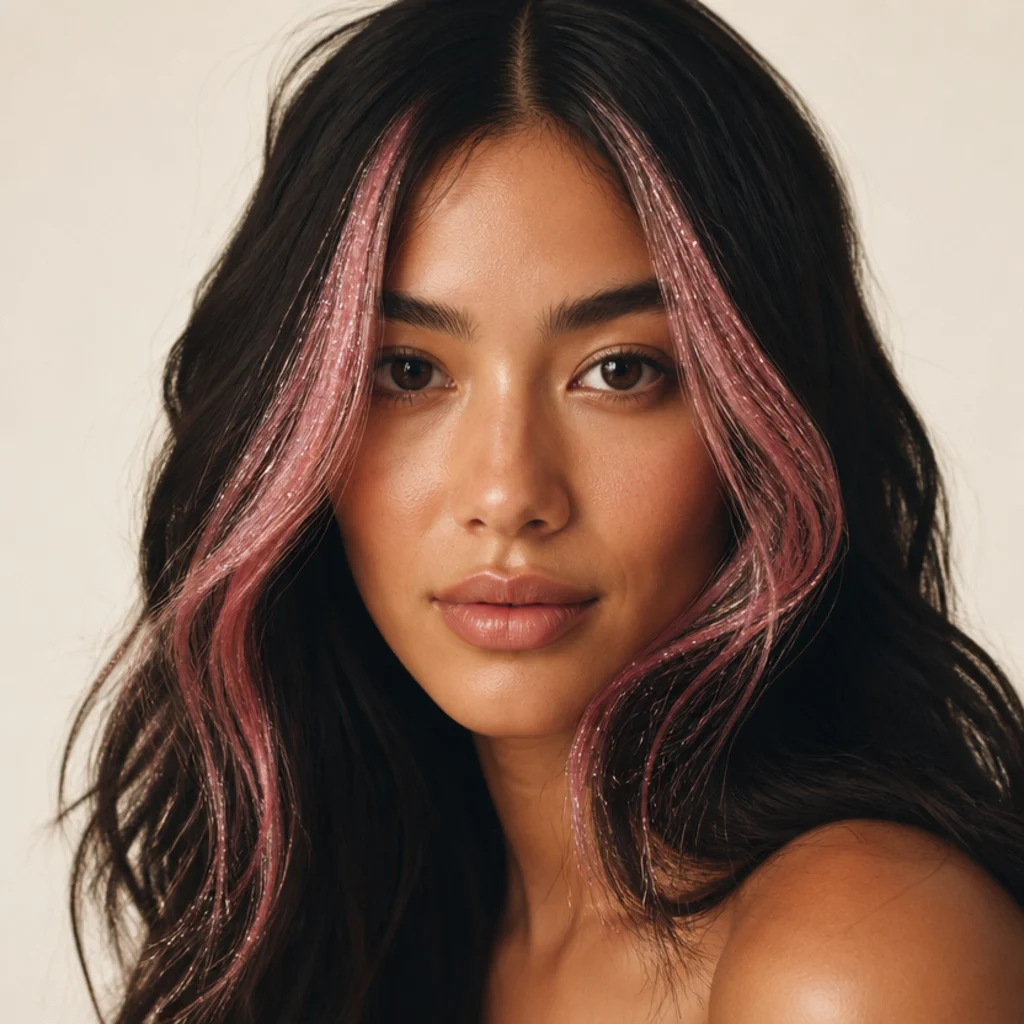 Front-face view of dark hair with baby-pink tinsel concentrated in the two face-framing money-piece sections