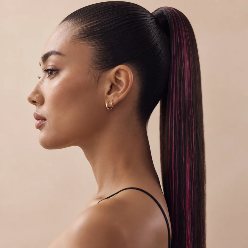 Sleek high ponytail on dark hair with hot-pink tinsel strands streaming down the tail, side profile