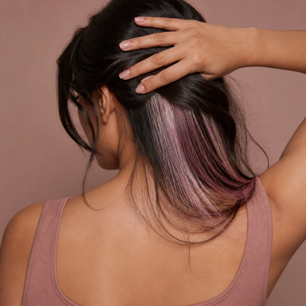 Back view of dark hair lifted to reveal pastel-pink tinsel hidden in the under-layers