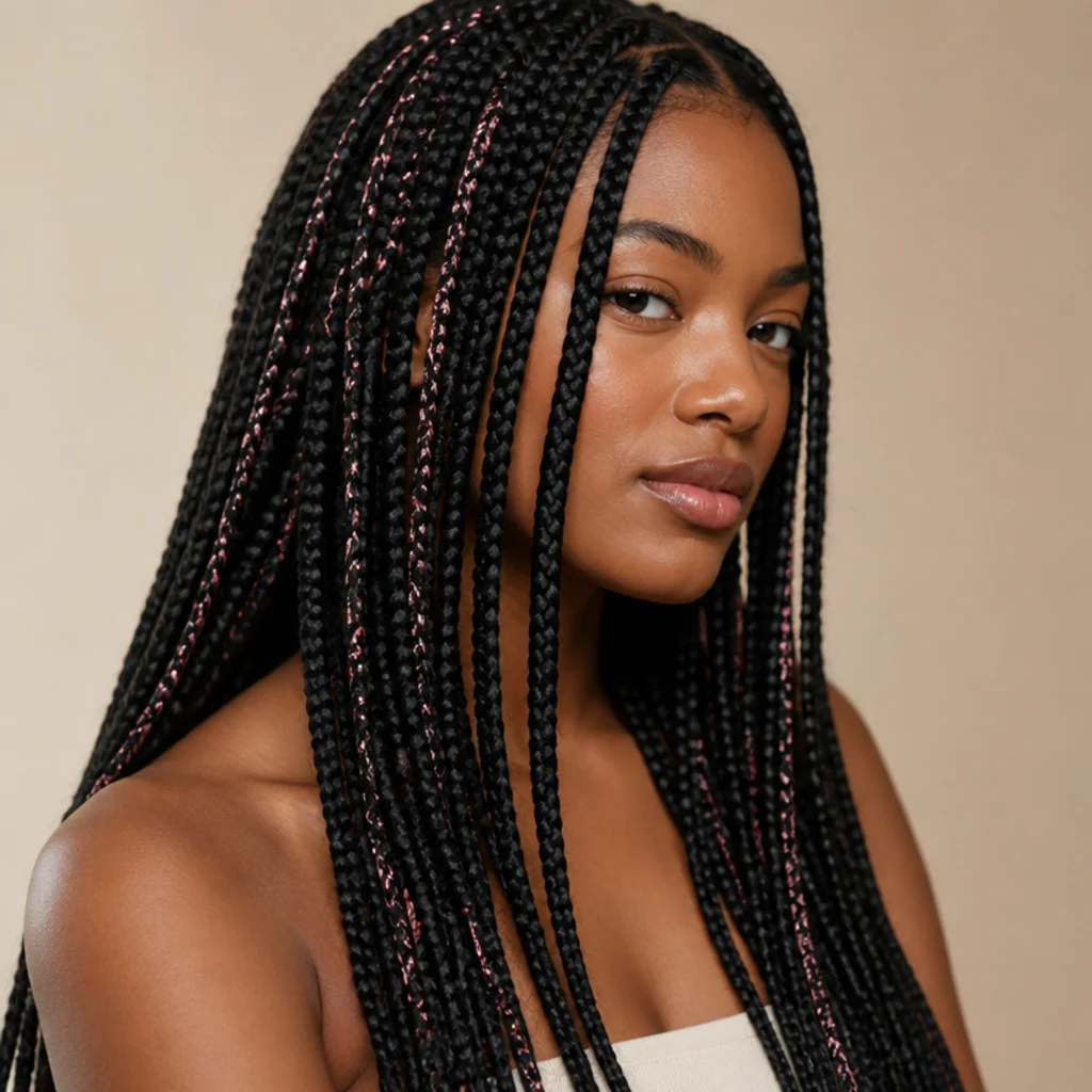 Long black box braids with bubblegum-pink tinsel braided directly into a handful of braids, three-quarter view