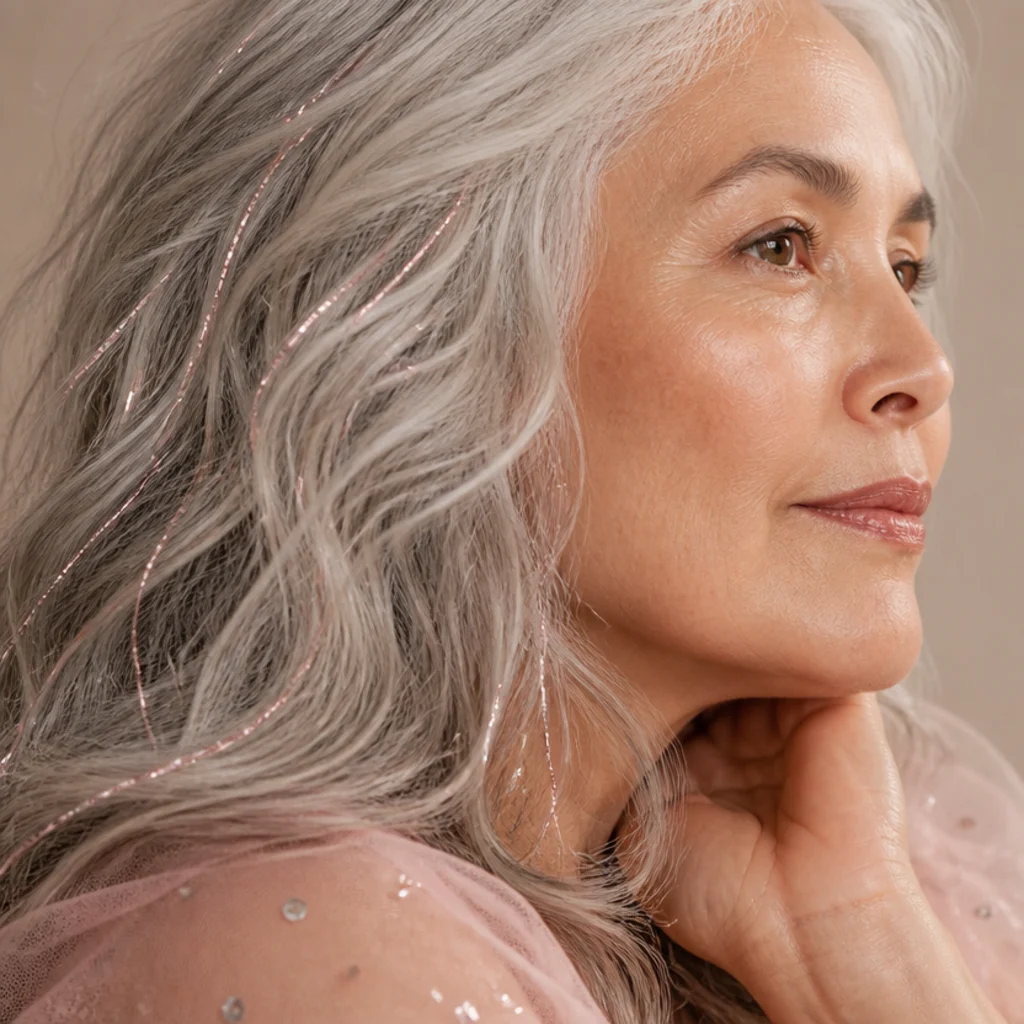 Model with silver-gray hair and blush-pink tinsel woven throughout, soft romantic side angle
