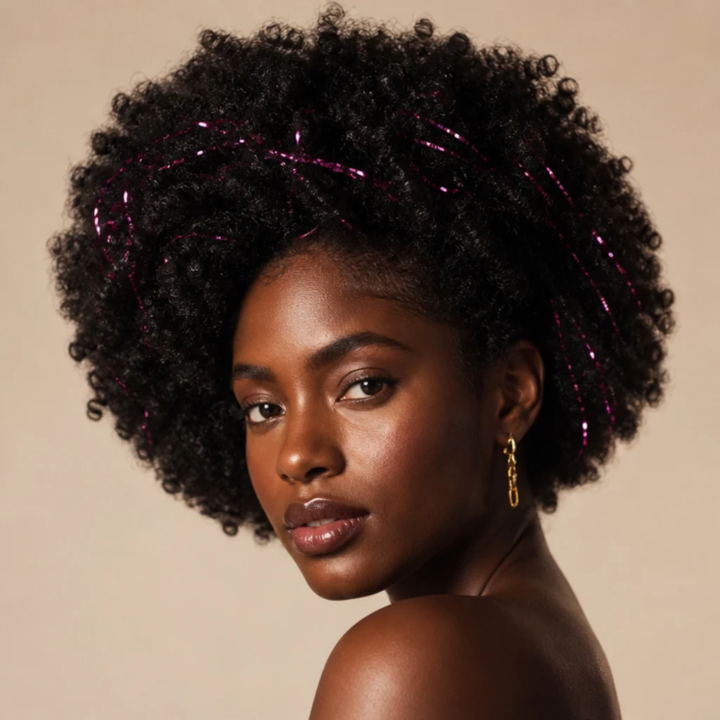 Rounded afro of coily black hair with bold magenta tinsel streaks catching the light, three-quarter view