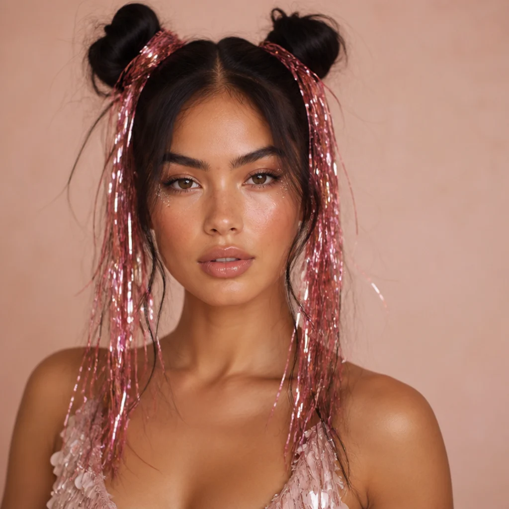Playful double space buns on dark hair with pink tinsel streaming from each bun, front view