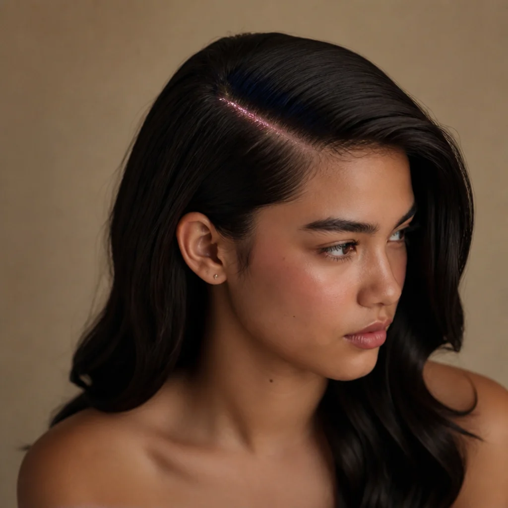 Dark hair with a dramatic deep side part lined with rosy-pink tinsel following the part line, side angle