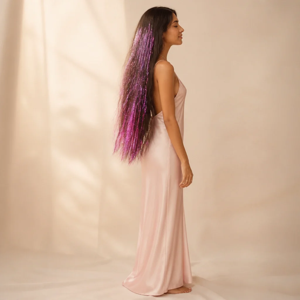 Long dark hair with cotton-candy ombre tinsel blending pale pink at the roots into deeper pink at the ends