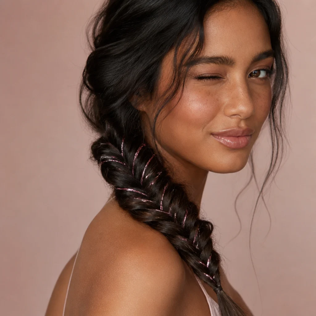Loose fishtail braid on dark hair with pink tinsel threaded through the woven sections, close three-quarter view