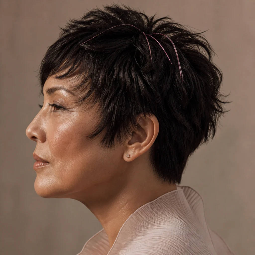 Textured dark pixie cut with a few subtle pink tinsel strands catching light near the crown, side profile