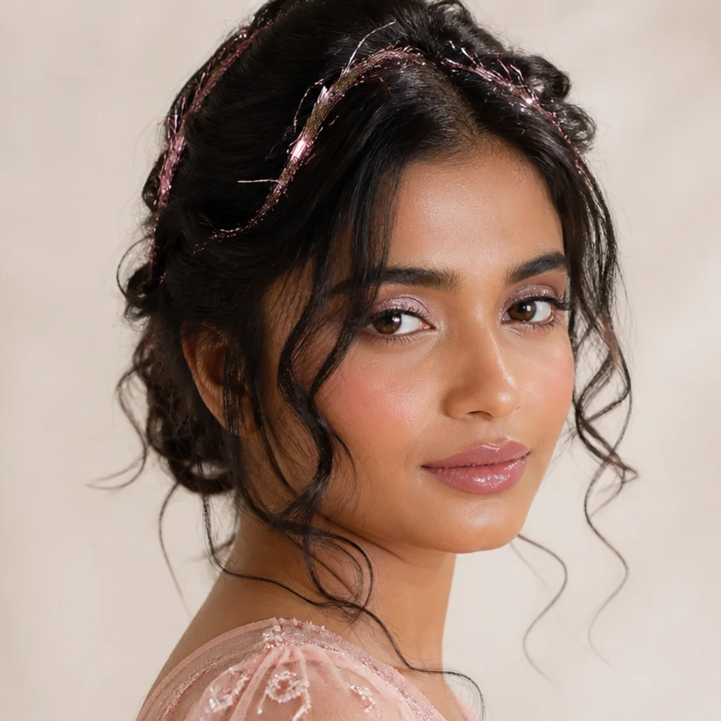Updo on dark hair dressed with abundant glitter-pink tinsel and soft waves for an event look, three-quarter angle