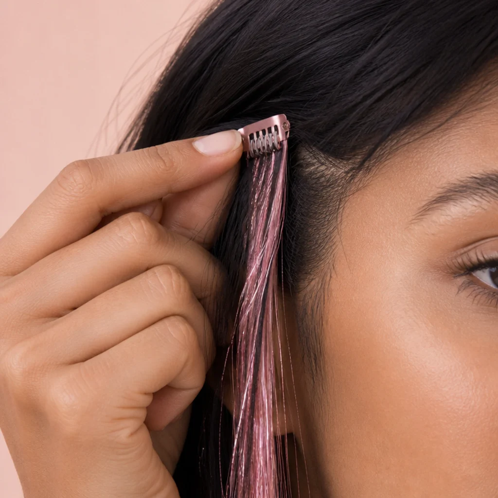 Hand clipping a pink tinsel extension weft into dark hair, showing the small clip base, close detail