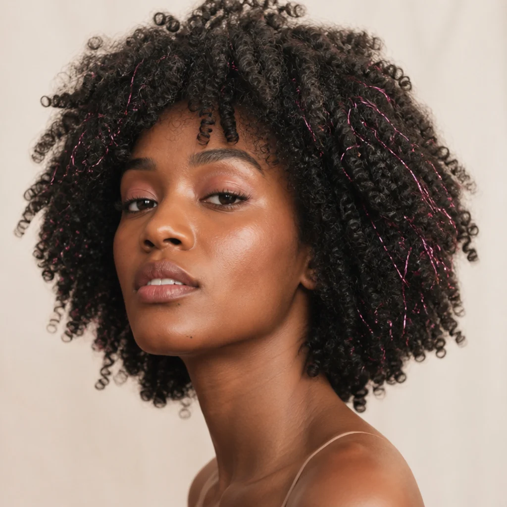 Model with dark coily hair threaded with strands of shimmering pink hair tinsel, three-quarter angle against a warm ivory backdrop