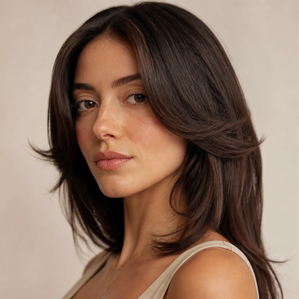 Model with soft outward face-framing flicks on warm brunette hair, three-quarter angle, polished front sections against an ivory backdrop, quick Dyson Airwrap face-frame styling