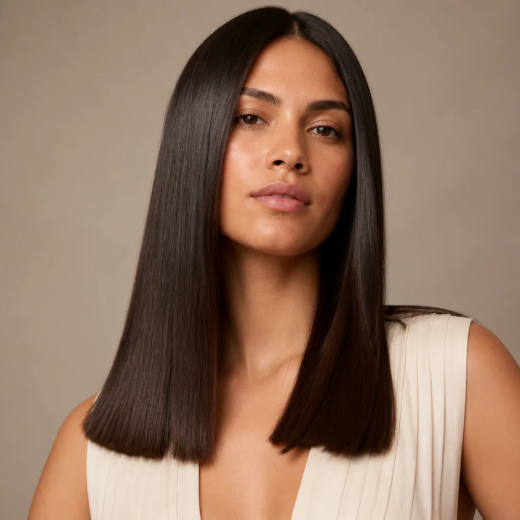 Model with glossy straight hair and blunt ends on deep brown hair, front angle, smooth glassy finish against a taupe studio backdrop, quick Dyson Airwrap smoothing style