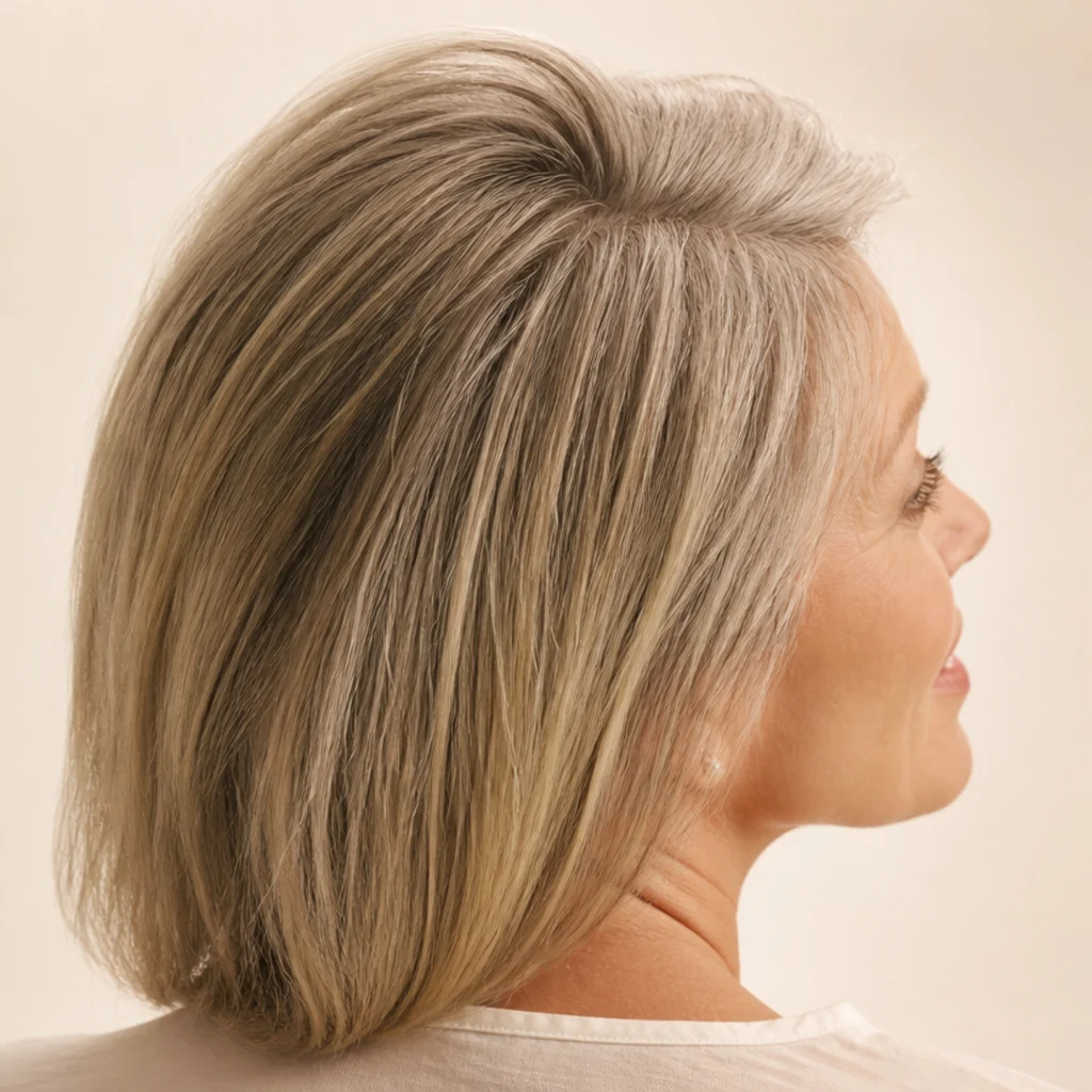 Model with lifted volume at the roots on fine straight hair, back-of-crown angle, airy fullness at the part against an ivory background, quick Dyson Airwrap root lift