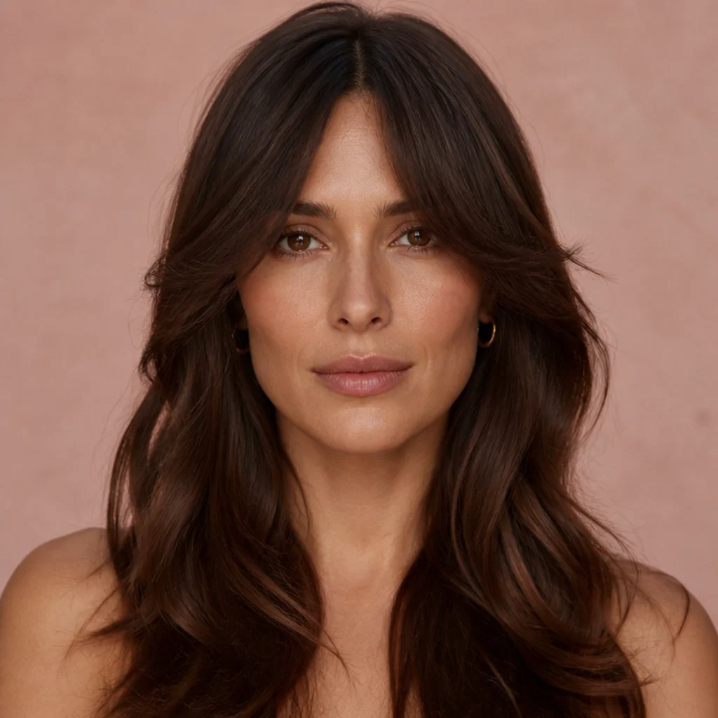 Model with softly parted curtain bangs framing the face on warm brunette hair, front angle, feathered sweep against a blush backdrop, quick Dyson Airwrap curtain bang styling