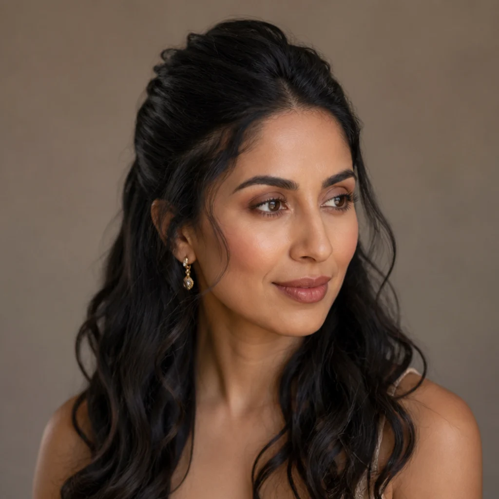 Model with a half-up style and volume at the crown on dark wavy hair, three-quarter angle, soft curled lengths left down against a taupe background, quick Dyson Airwrap half-up style