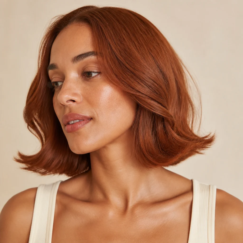 Model with a collarbone-length lob flipped out at the ends on copper hair, side angle, airy movement against an ivory studio backdrop, quick Dyson Airwrap lob styling