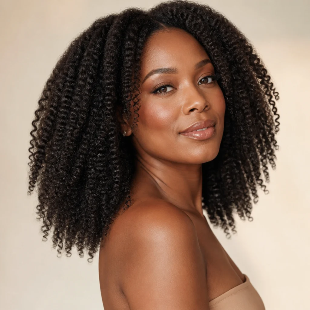 Adult Black model with softly elongated curls on natural coily hair, three-quarter angle, defined shine and volume against a warm ivory backdrop, quick Dyson Airwrap curls on type 4 hair