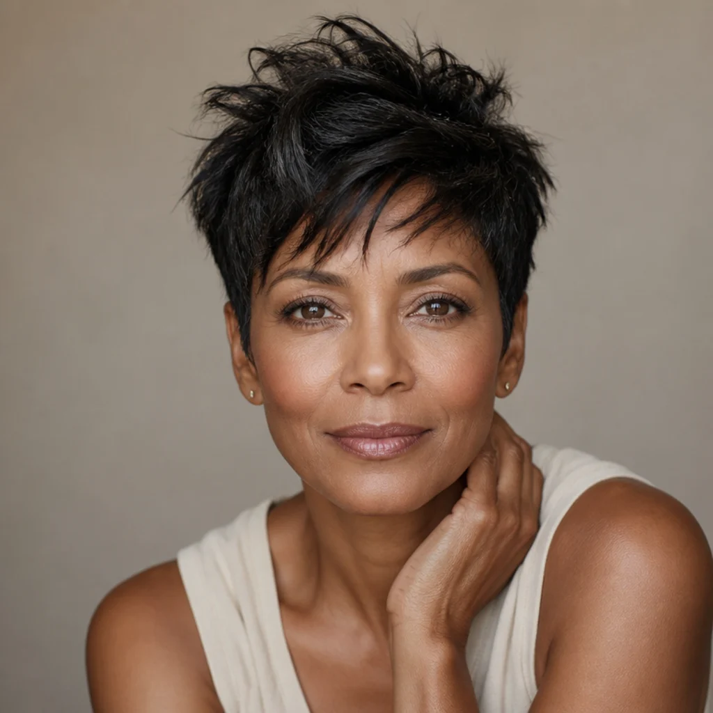 Model with a textured pixie cut and piecey top on dark hair, front angle, tousled crown against a taupe studio background, quick Dyson Airwrap pixie styling