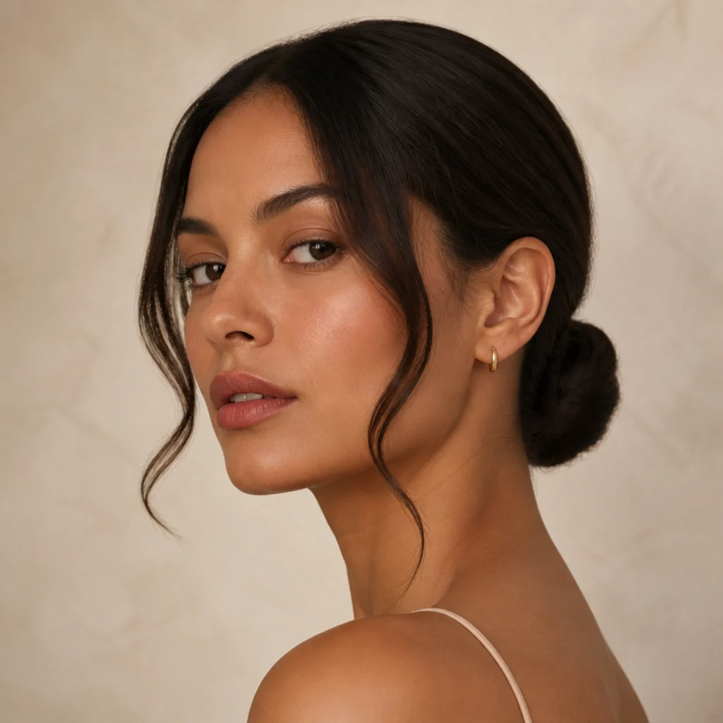 Model with a smooth low bun and softly curled face-framing pieces on brunette hair, three-quarter angle, clean silhouette against an ivory backdrop, quick Dyson Airwrap updo with face pieces