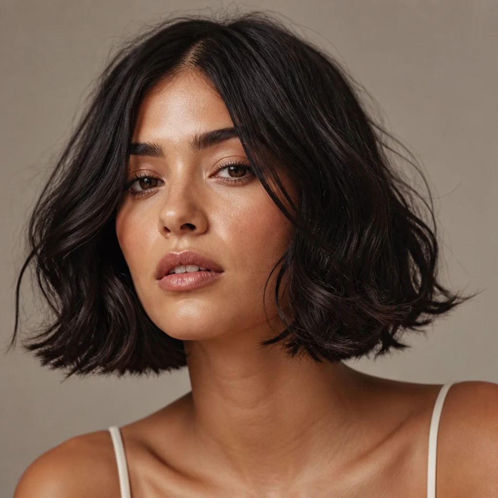 Model with a chin-length bob in soft waves on jet-black hair, front angle, rounded tousled shape against a taupe studio backdrop, quick Dyson Airwrap bob waves