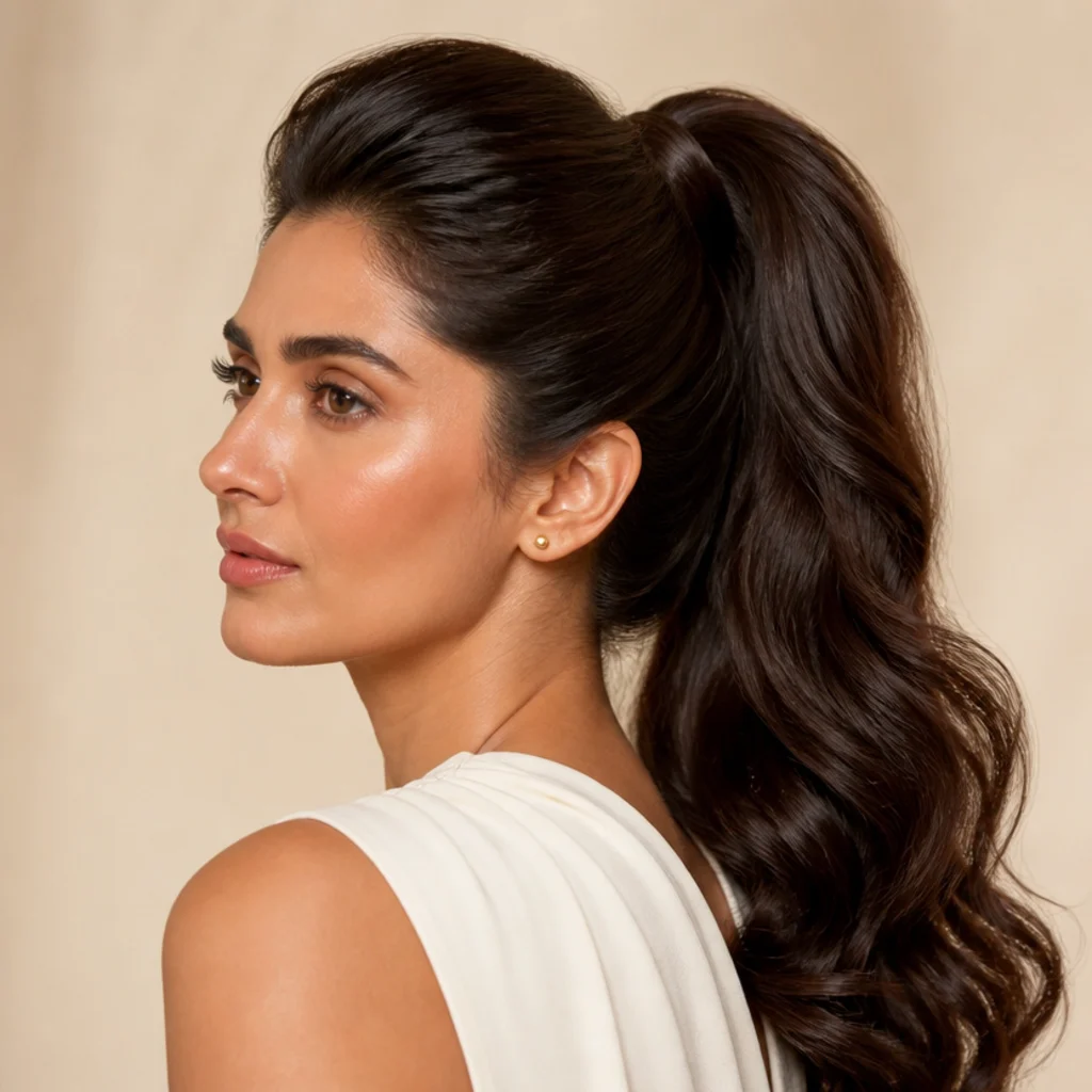 Model with a full high ponytail and curled length on dark brown hair, side angle, volume at the crown against an ivory background, quick Dyson Airwrap ponytail