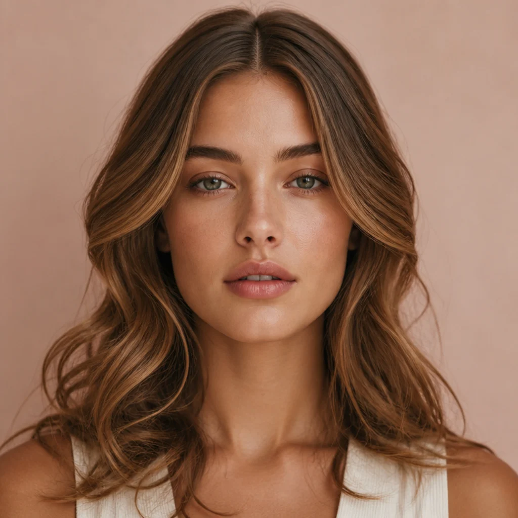 Model with a center part and soft undone waves on light brown hair, front angle, effortless texture framing the face against a blush backdrop, quick Dyson Airwrap center-part waves