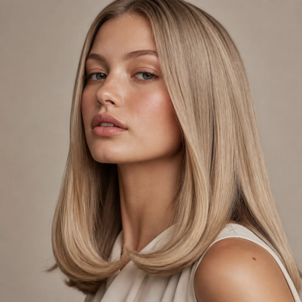 Model with fine straight hair and smooth curled-under ends on ash-blonde hair, three-quarter angle, glossy tips against a taupe studio background, quick Dyson Airwrap glassy ends