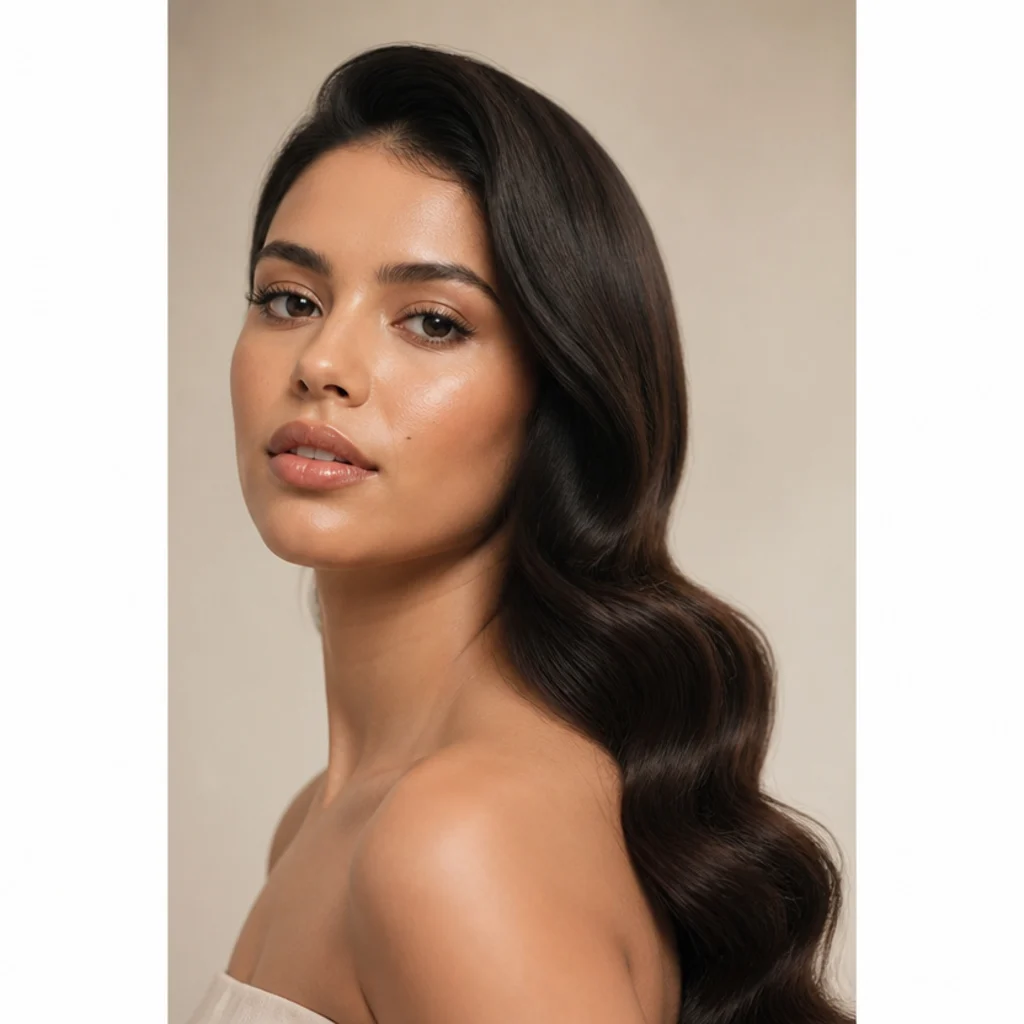 Model with a soft one-directional Hollywood wave on dark wavy hair, side angle, glossy uniform bend against an ivory backdrop, quick Dyson Airwrap Hollywood waves