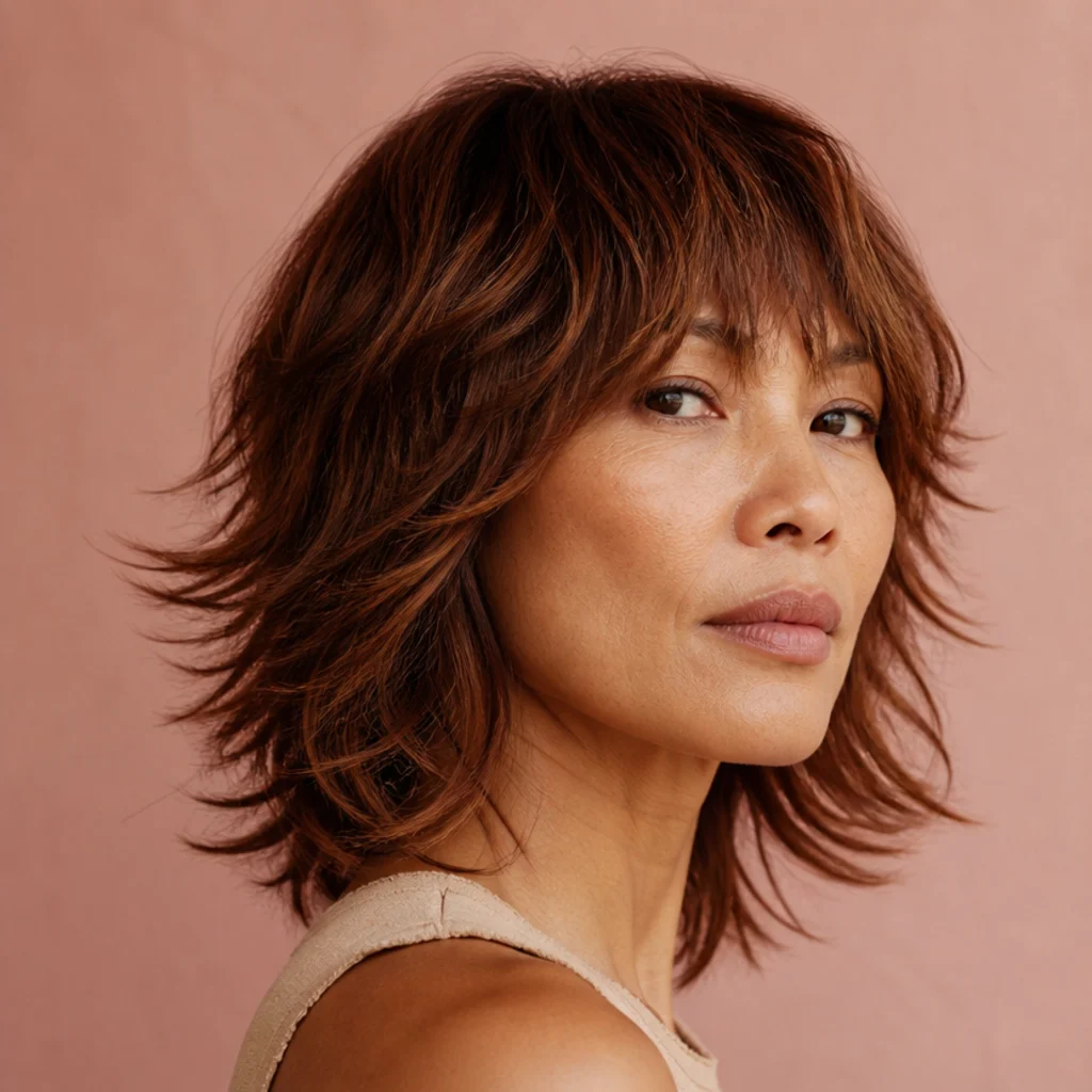 Model with a layered shag cut and piecey movement on copper-brown hair, three-quarter angle, tousled layers against a blush background, quick Dyson Airwrap shag styling