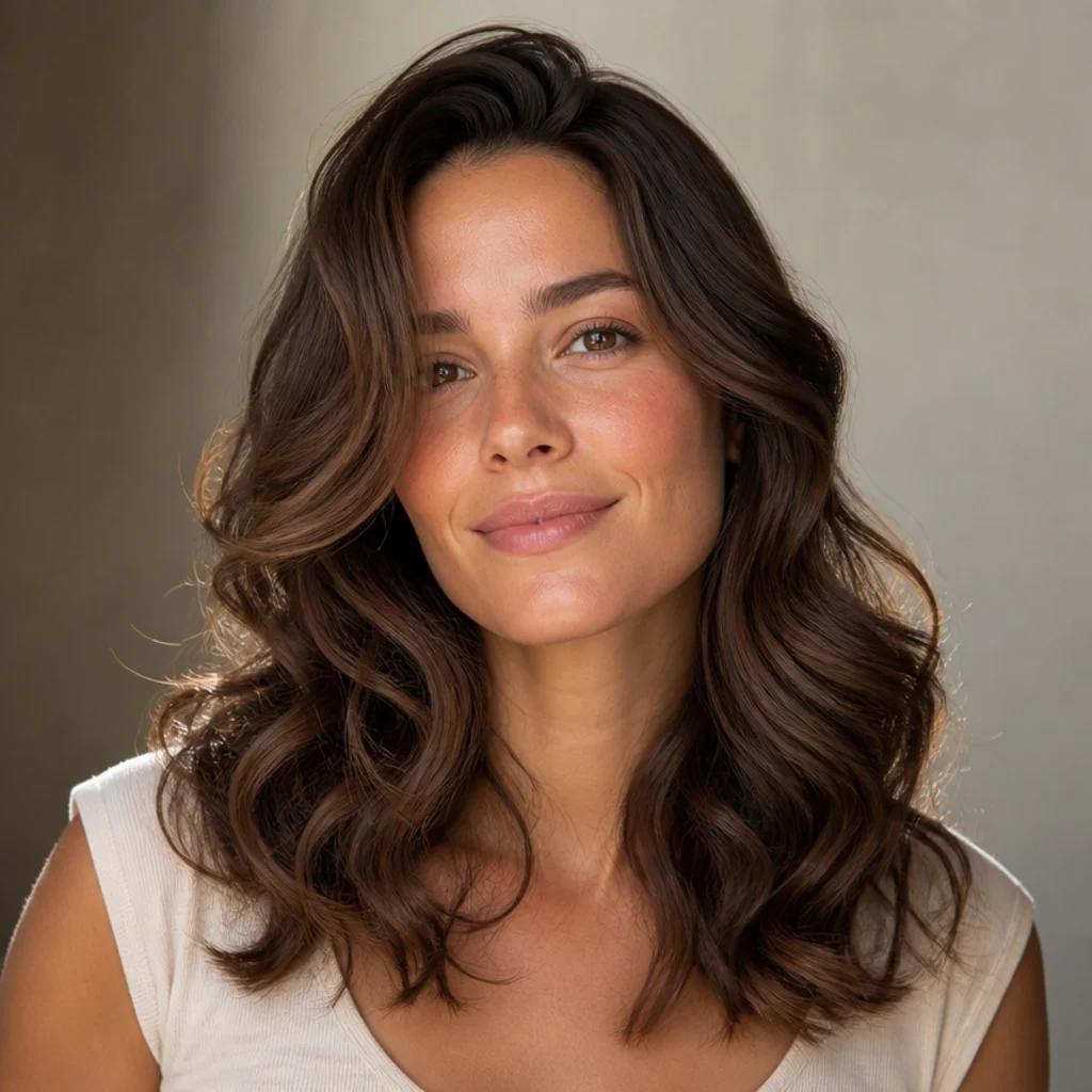 Model reviving soft second-day curls on warm brunette hair, front angle, refreshed bounce and shine against a taupe studio backdrop, quick Dyson Airwrap day-two refresh