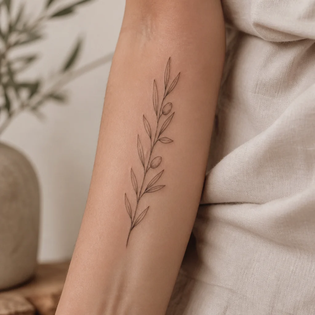 Slim fine-line olive sprig running the length of a woman's inner forearm in soft single-needle black ink