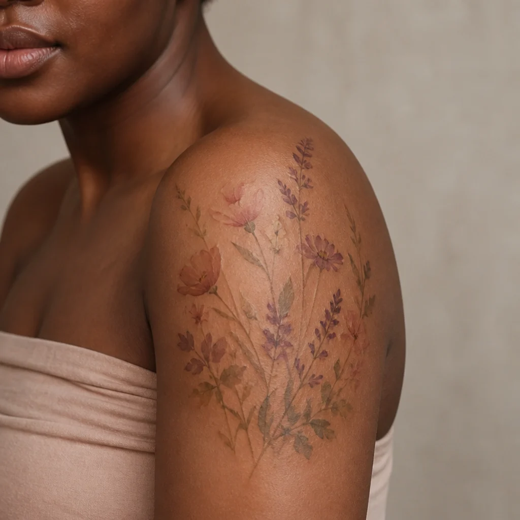 Loose watercolor wildflower tattoo in muted blush and sage tones blending across a woman's shoulder