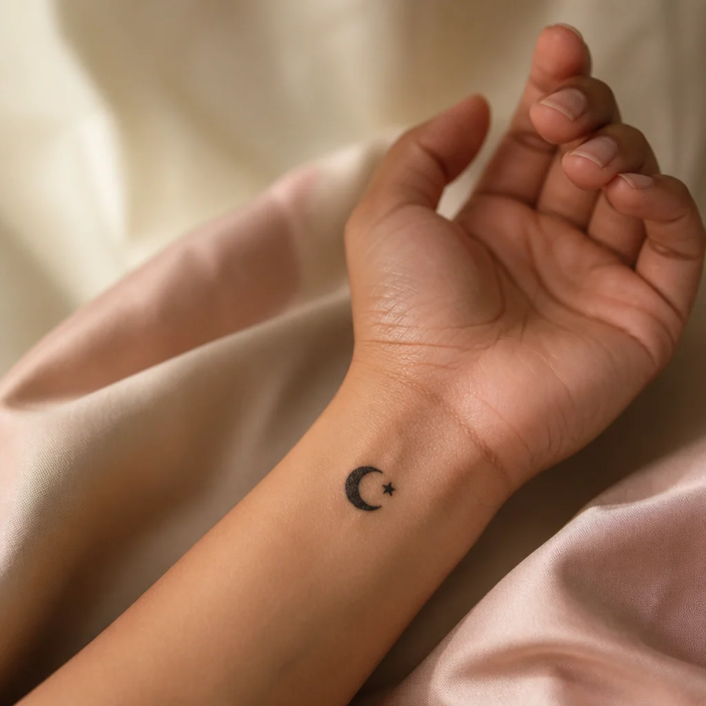 Small solid blackwork crescent-and-star symbol tattooed on a woman's wrist