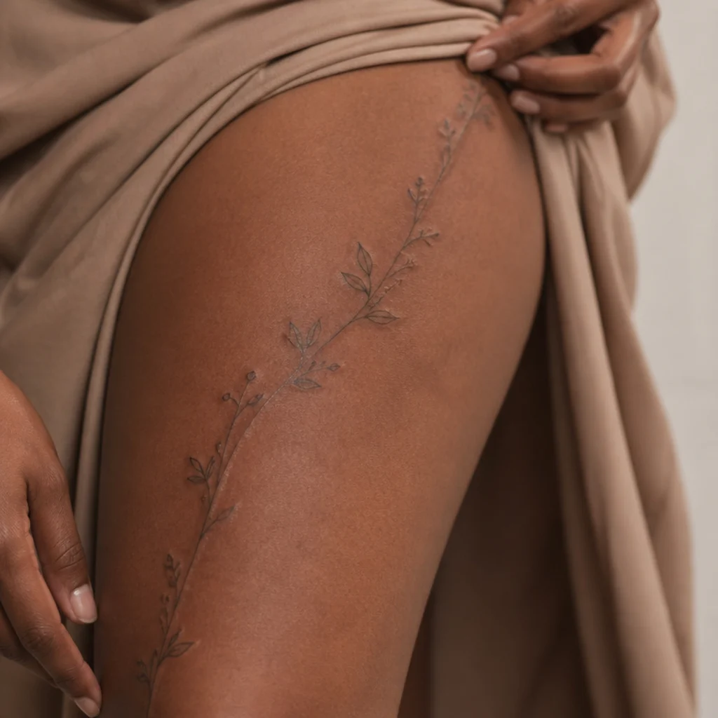 Delicate trailing vine with small leaves following a faint linear scar down a woman's thigh