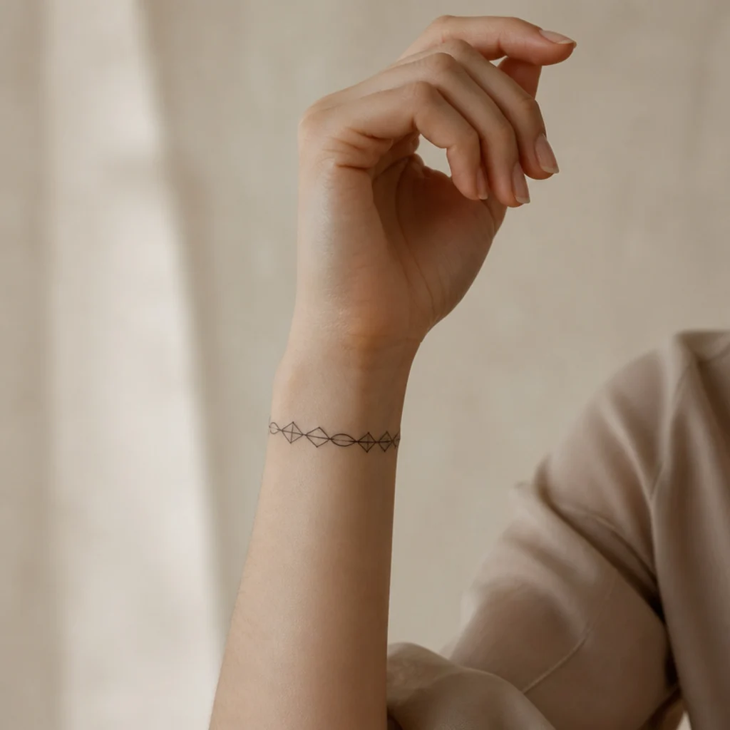 Thin geometric line bracelet wrapping a woman's wrist in fine black ink