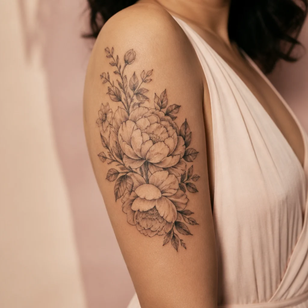 Soft floral bouquet of peonies and buds with gentle shading on a woman's upper arm