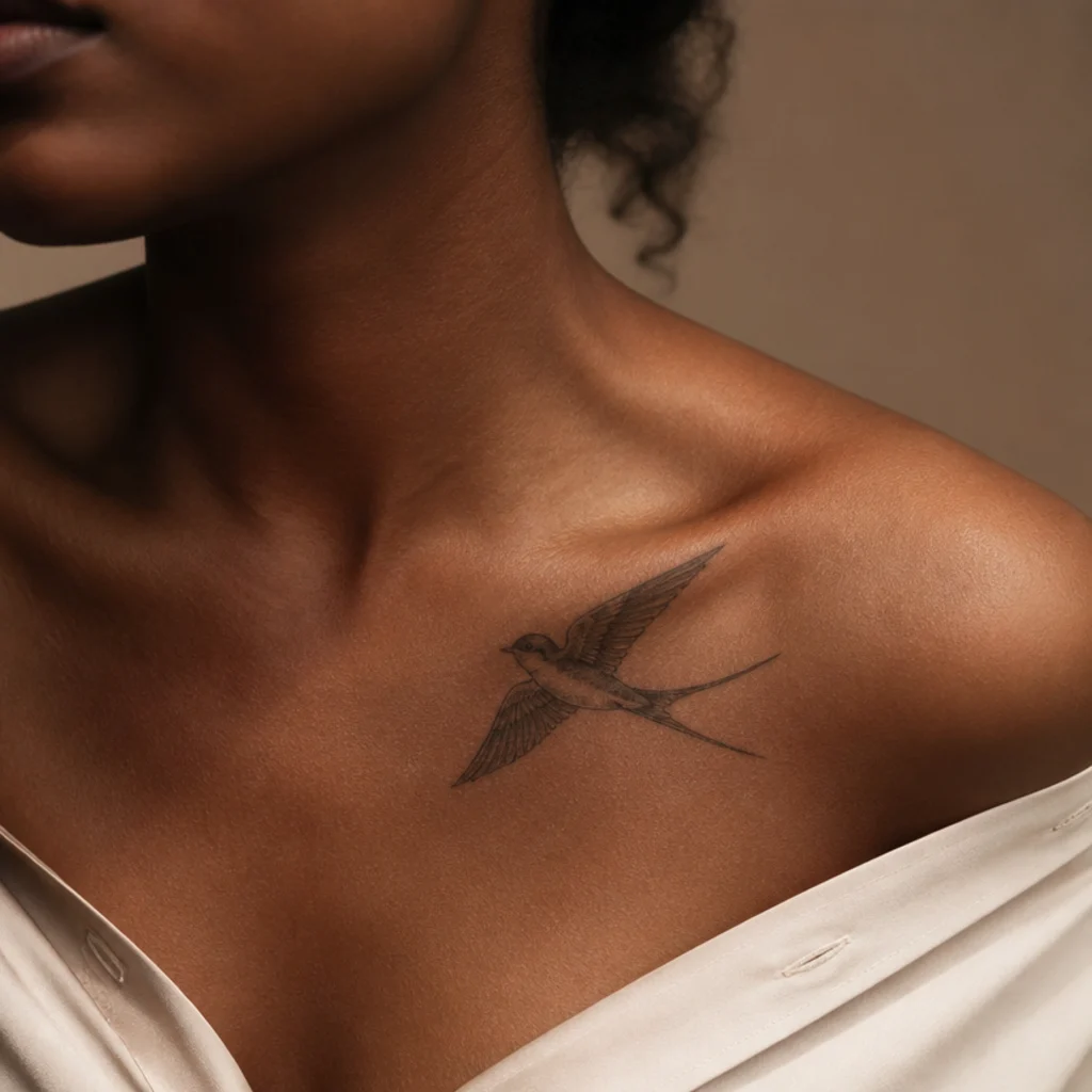 Delicate swallow in flight with fine feather detail on a woman's collarbone