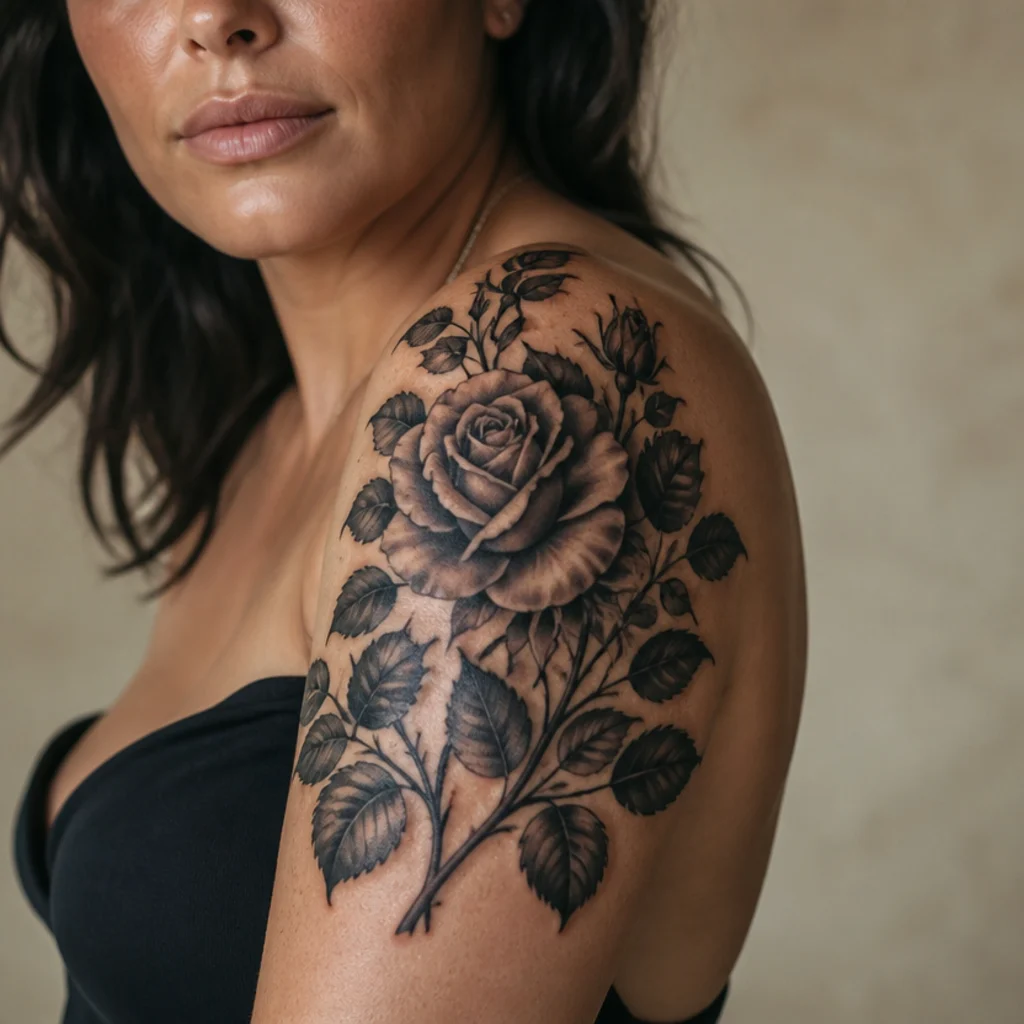 Bold dark rose with deep shading and crisp linework on a woman's shoulder