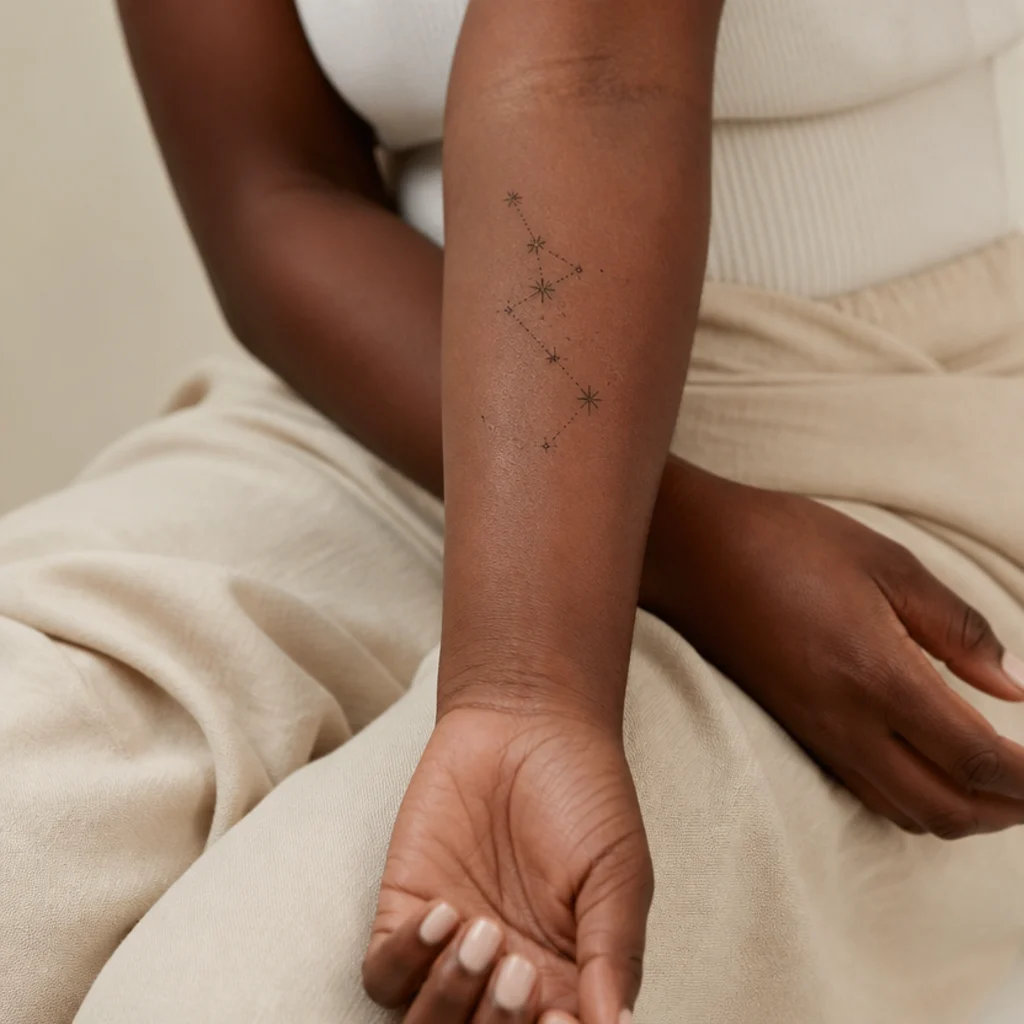 Fine dot-work constellation with tiny stars scattered across a woman's inner forearm