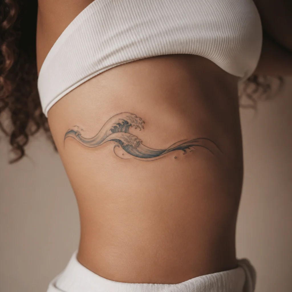 Flowing ocean-wave ribbon in soft blue-grey line shading tracing a woman's ribs