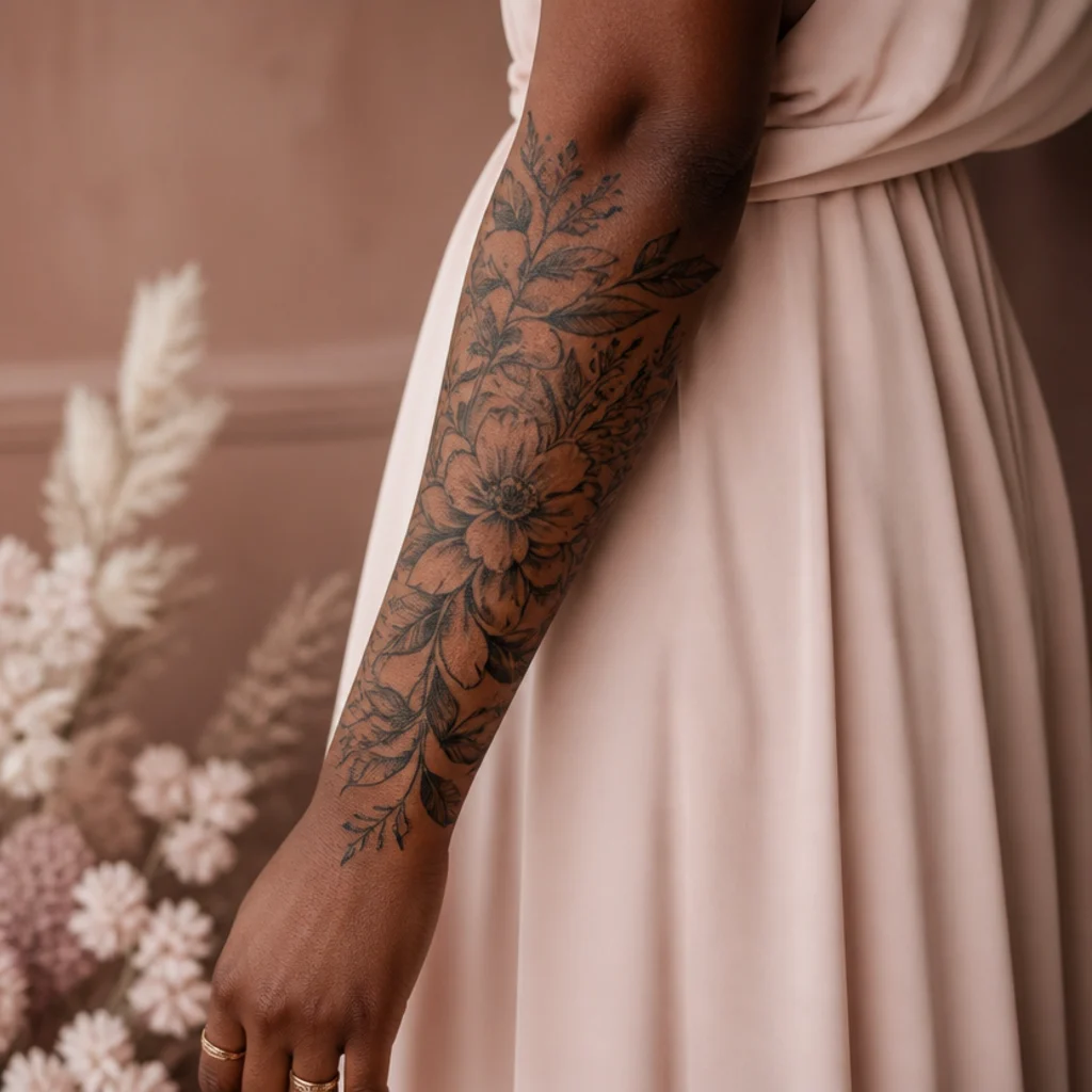 Large botanical half-sleeve panel with layered leaves and blooms on a woman's forearm