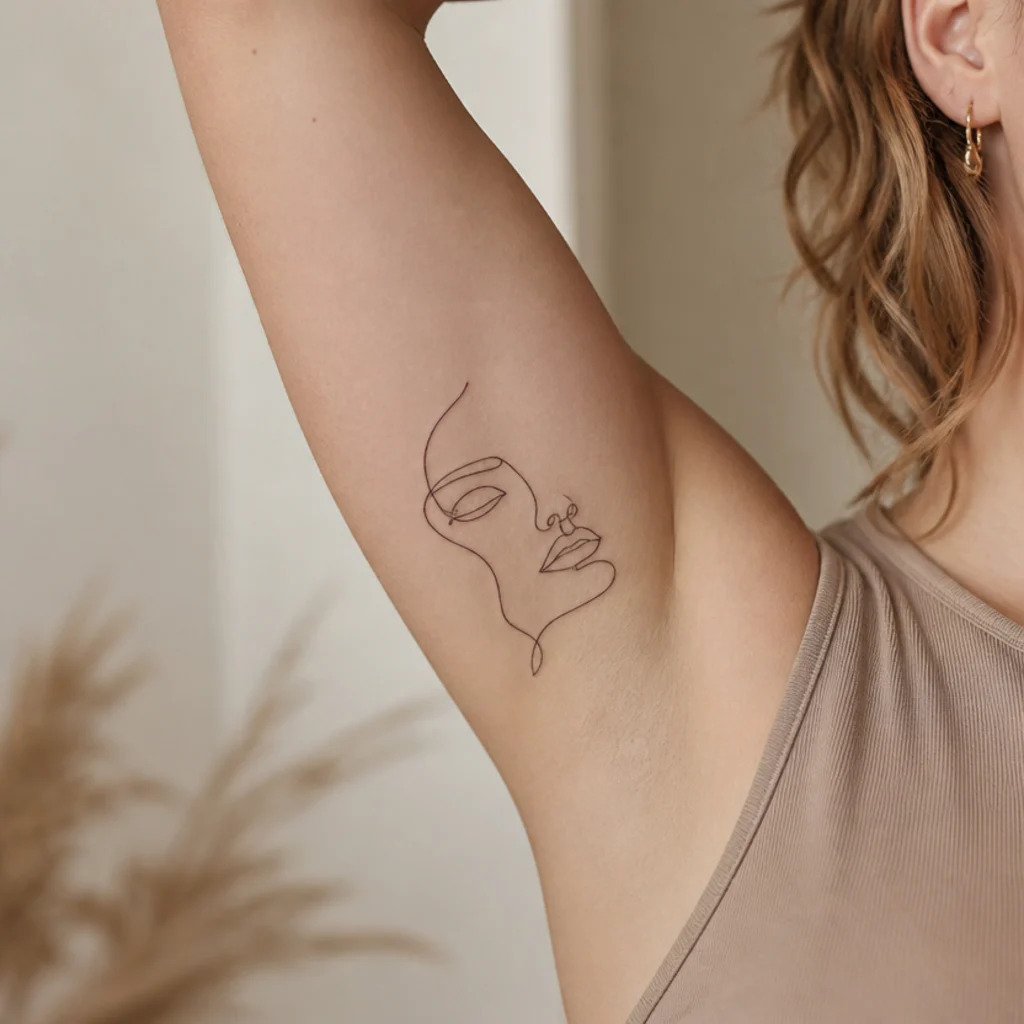 Minimalist single continuous-line abstract face on a woman's inner bicep