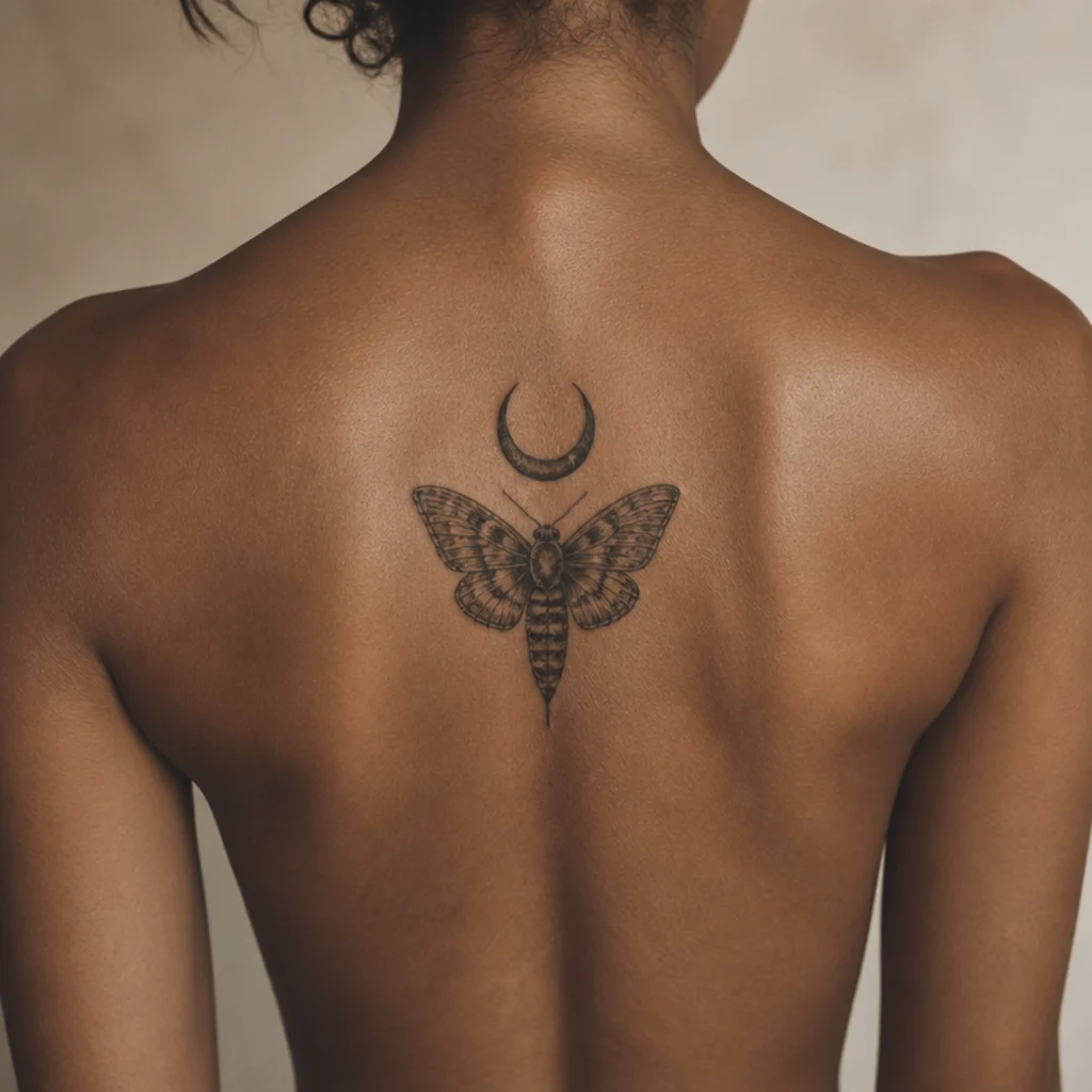 Symmetrical moth and crescent moon with fine wing detail running down a woman's spine