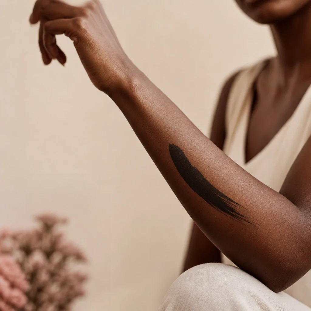 Abstract black brushstroke with a single painterly sweep on a woman's outer forearm