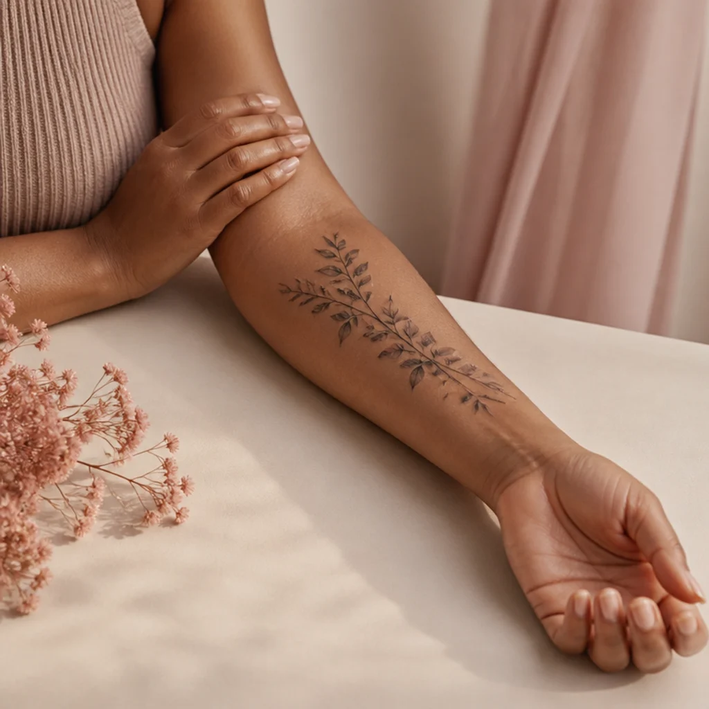 Woman's forearm with a healed botanical cover-up tattoo softening a faint linear scar, editorial studio lighting
